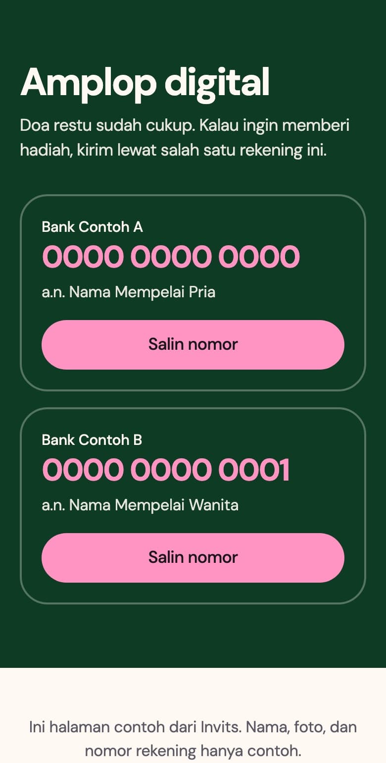 Dua nomor rekening contoh dengan tombol Salin nomor