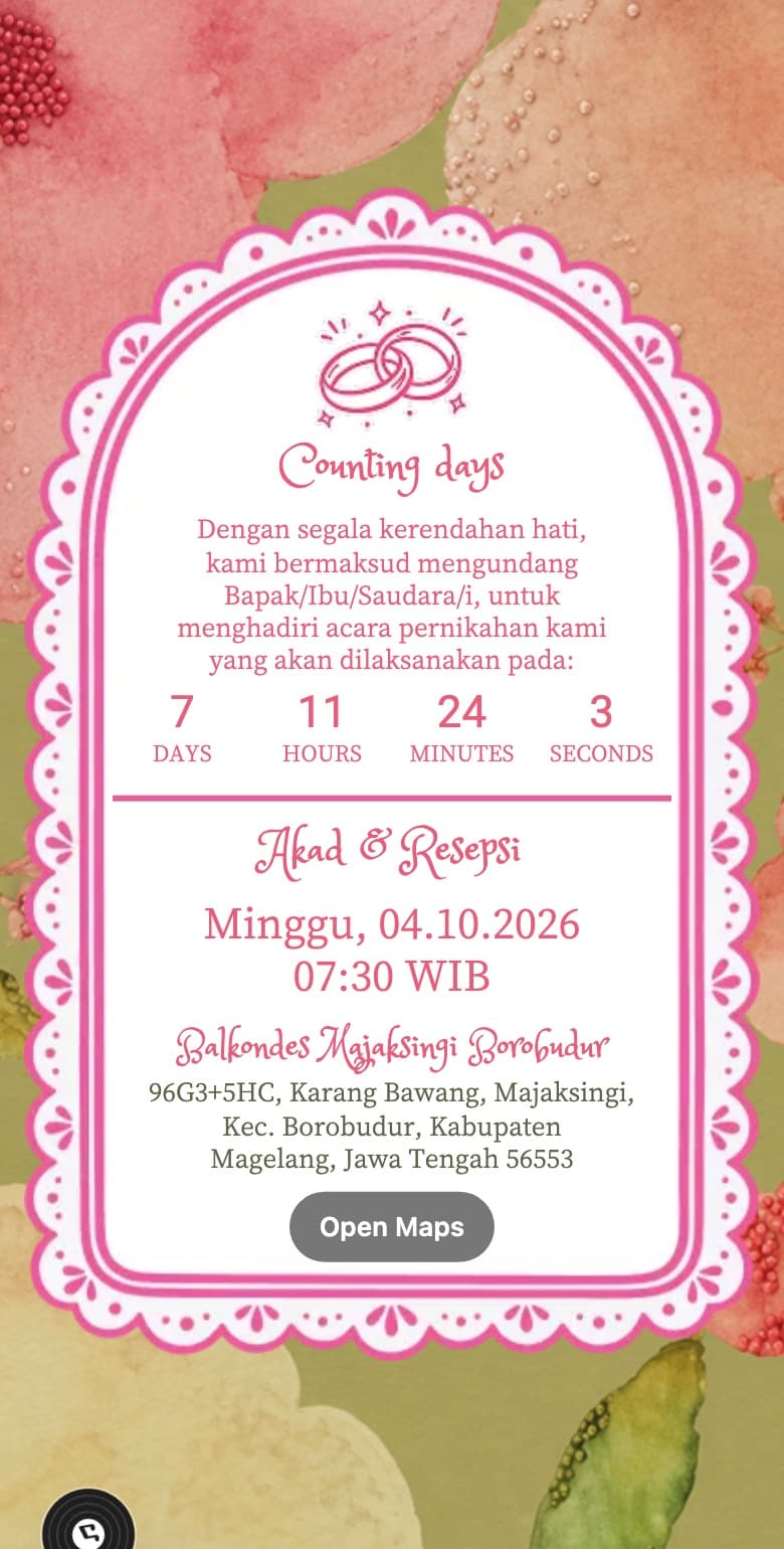 Hitung mundur, jadwal akad dan resepsi, dan tombol Open Maps